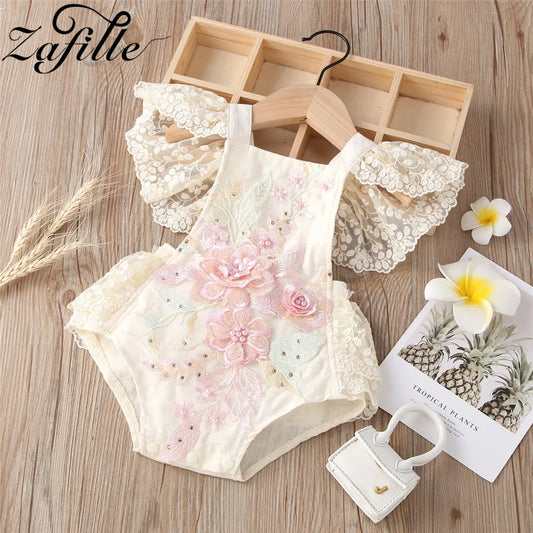 Baby Girl  Embroidery Flower Baby Lace Bodysuit For Newborns