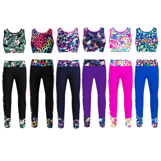 Teenage Girls Sportswear Colorful Girls Dancewear Set | Sleeveless Crop Top + Leggings | Perfect for Ages 4-12+