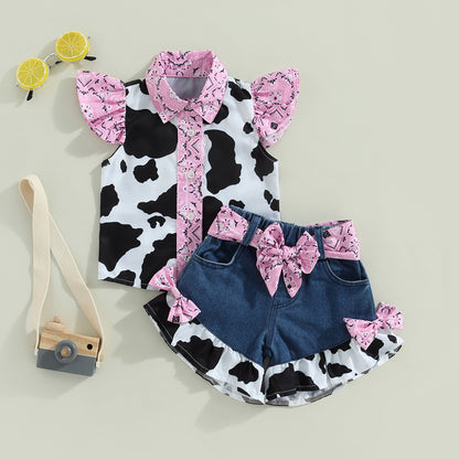 Girl Outfits Cow Print Turn-Down Collar Top & Bow Denim Shorts Set