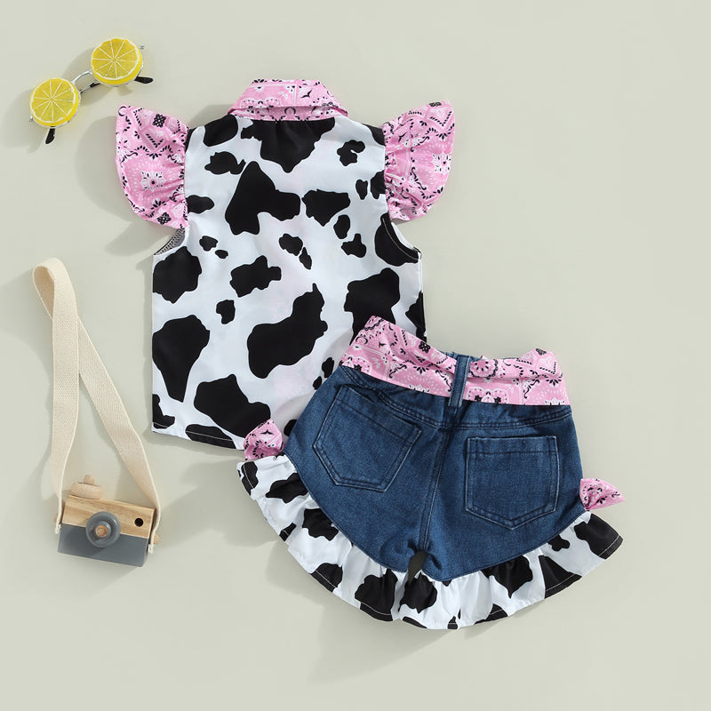 Girl Outfits Cow Print Turn-Down Collar Top & Bow Denim Shorts Set