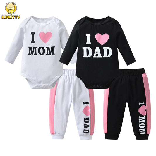 Baby Girl 2PCS Outfit Set "I Love Mommy; "I Love Daddy" Cotton Bodysuit and Pants