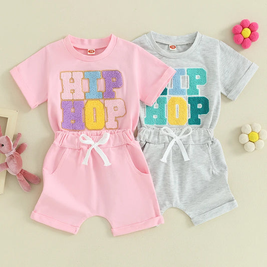 Toddler Boy Girl Easter Set | Letter Embroidery Short Sleeve T-Shirt &amp; Solid Color Shorts Outfit