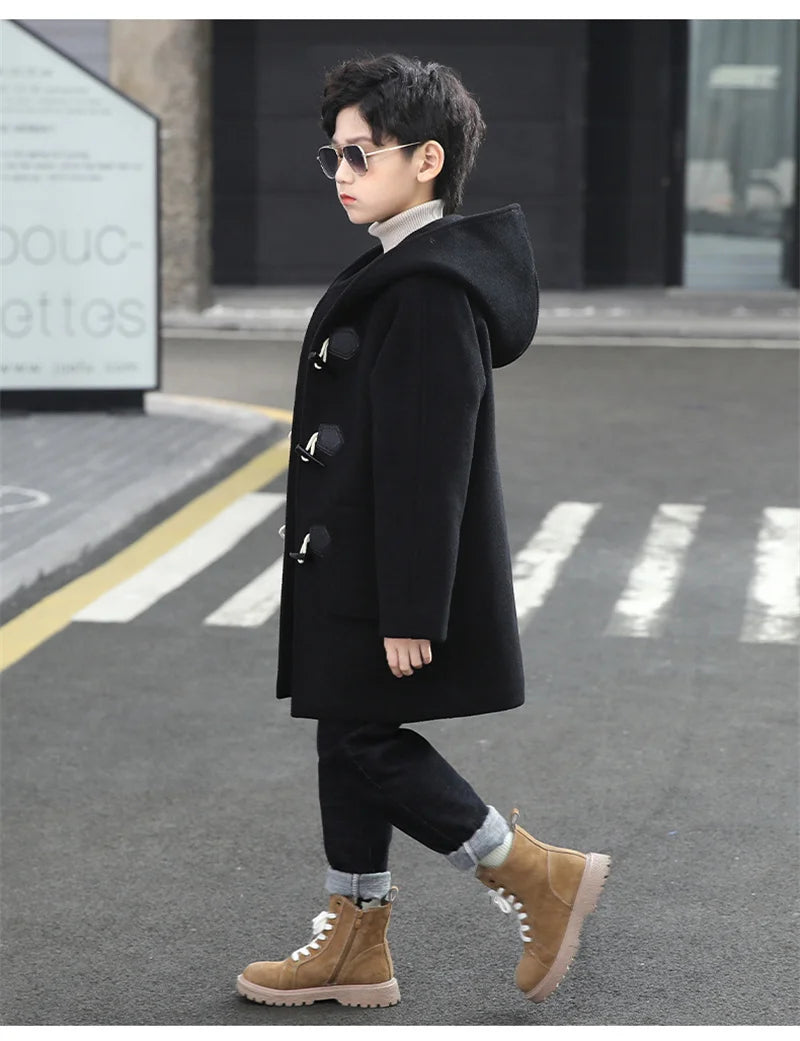 2023 New Boys Wool Coat Autumn Spring Fashion Hooded Jackets Solid Single-Breasted Outerwear Children Mid-Length Parka 5-14Y