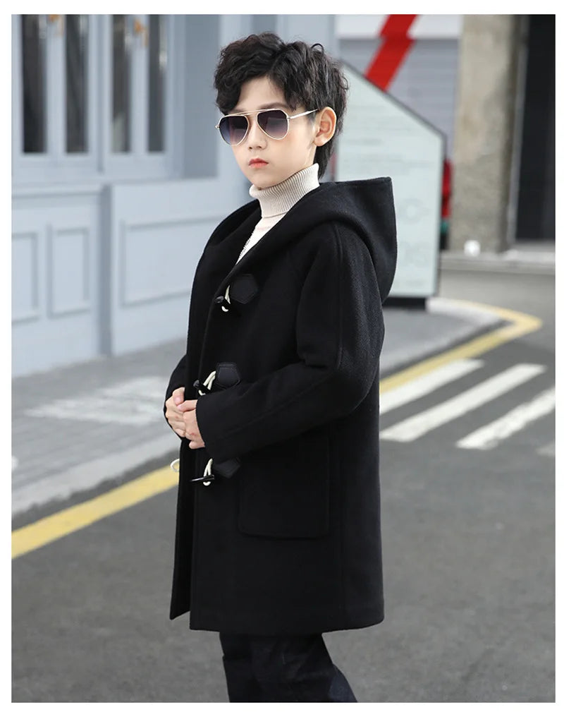 2023 New Boys Wool Coat Autumn Spring Fashion Hooded Jackets Solid Single-Breasted Outerwear Children Mid-Length Parka 5-14Y