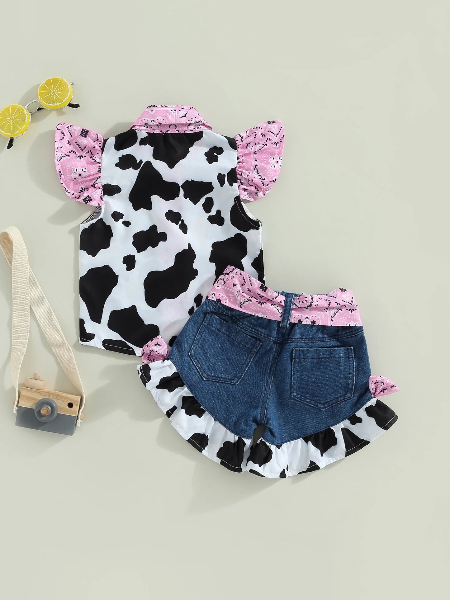 Girl Outfits Cow Print Turn-Down Collar Top & Bow Denim Shorts Set