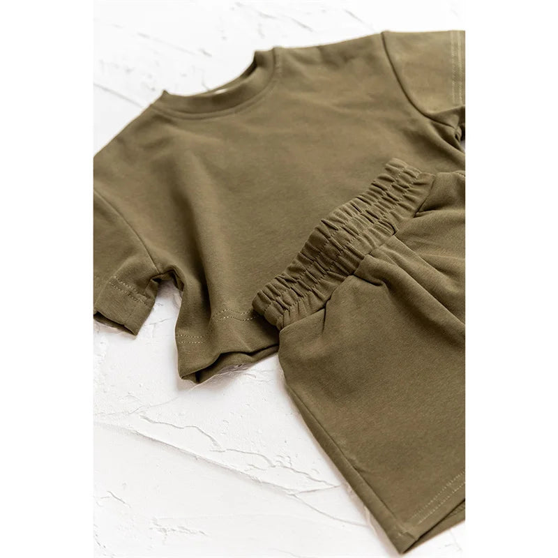 Baby's Summer Clothes Set | Soft Crew-Neck T-Shirt &amp; Solid Color Shorts for Kids