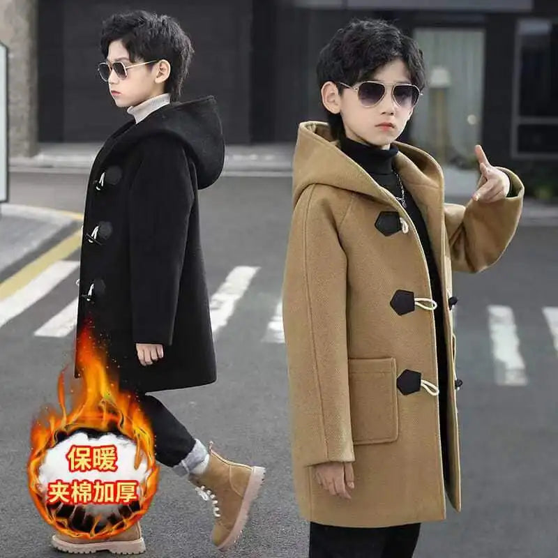 2023 New Boys Wool Coat Autumn Spring Fashion Hooded Jackets Solid Single-Breasted Outerwear Children Mid-Length Parka 5-14Y