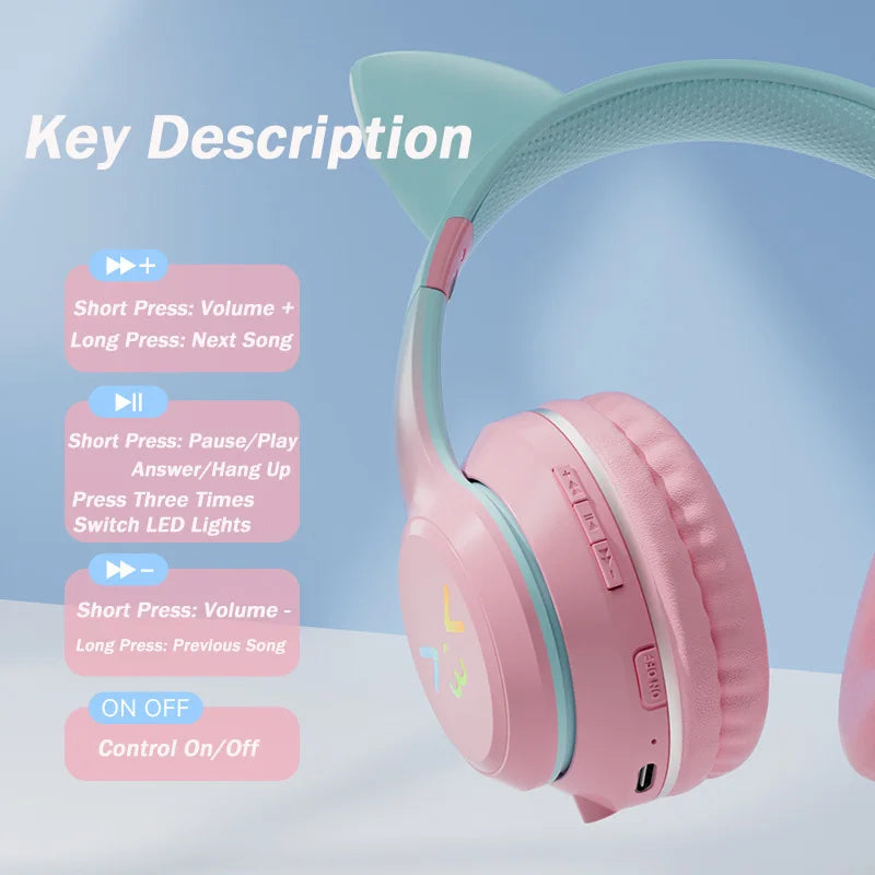 RGB Glow Portable Headphones Blutooth Controllable Light Cat Ear Noise Reduction Wireless Headphone Bluetooth Earphones Pc Gamer