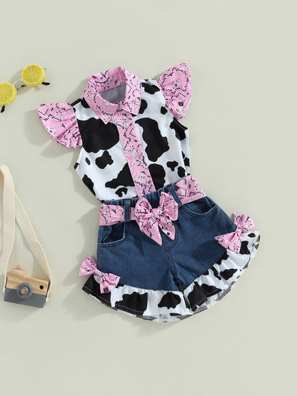 Girl Outfits Cow Print Turn-Down Collar Top & Bow Denim Shorts Set