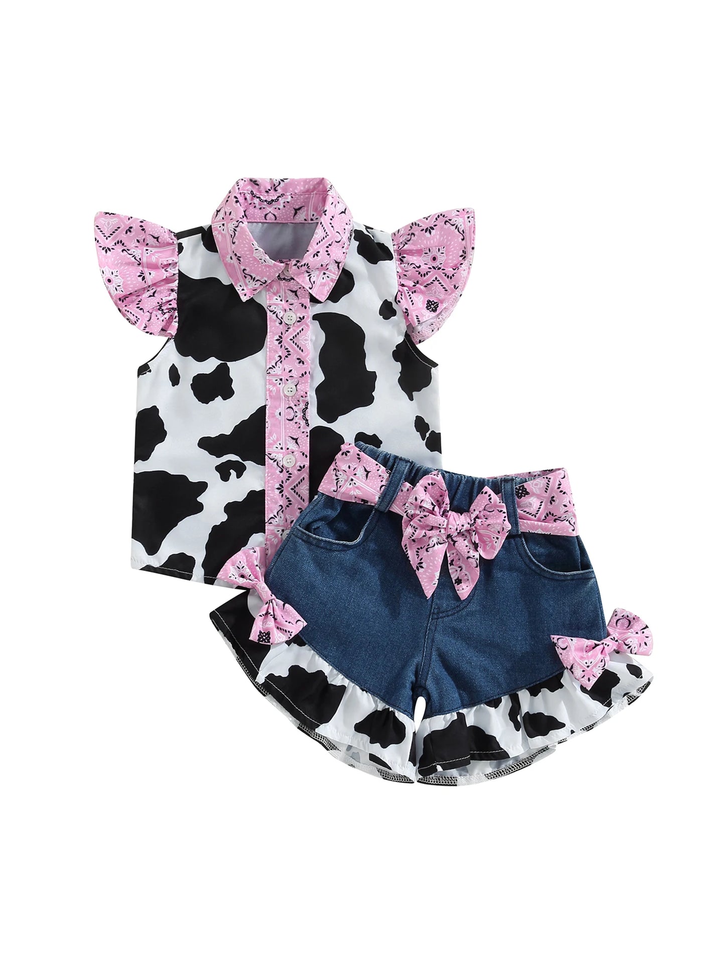 Girl Outfits Cow Print Turn-Down Collar Top & Bow Denim Shorts Set