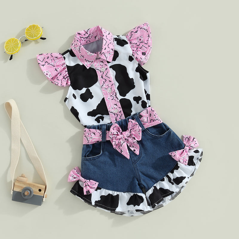 Girl Outfits Cow Print Turn-Down Collar Top & Bow Denim Shorts Set