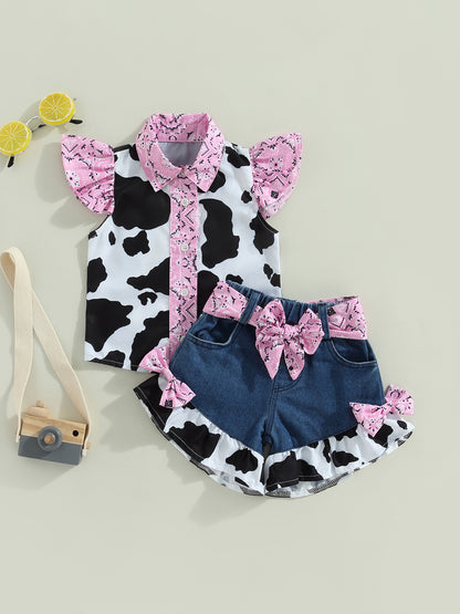 Girl Outfits Cow Print Turn-Down Collar Top & Bow Denim Shorts Set