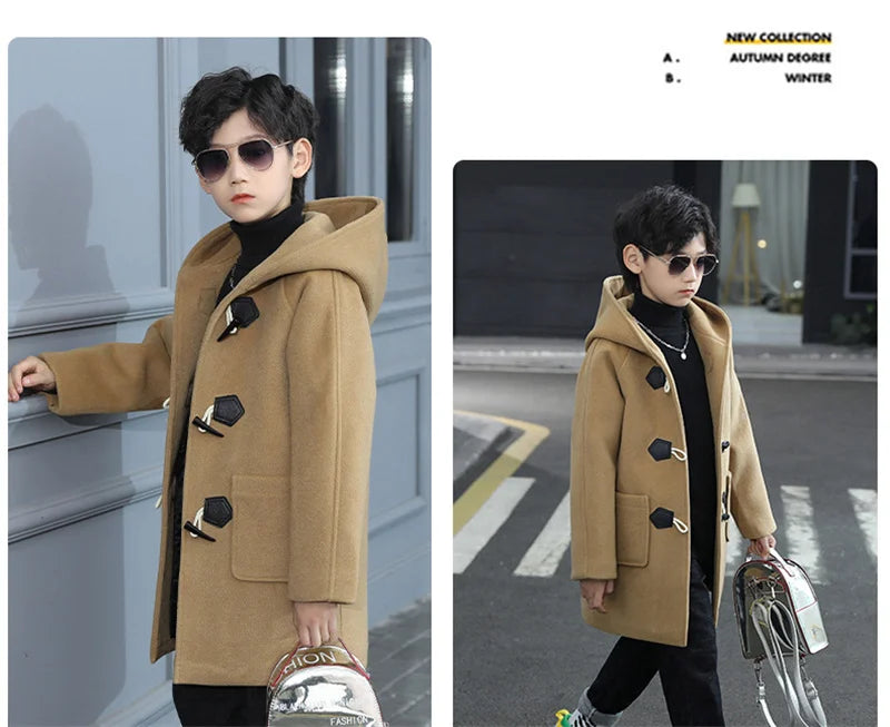 2023 New Boys Wool Coat Autumn Spring Fashion Hooded Jackets Solid Single-Breasted Outerwear Children Mid-Length Parka 5-14Y