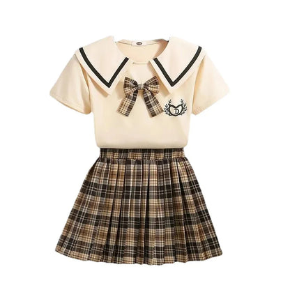 Girls School Outfit Set Lapel T-Shirt &amp; Plaid Skirt | Perfect for Ages 3-12