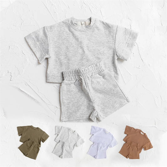 Baby's Summer Clothes Set | Soft Crew-Neck T-Shirt &amp; Solid Color Shorts for Kids