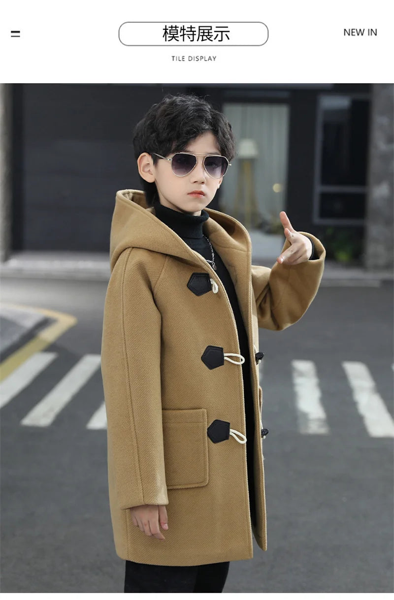 2023 New Boys Wool Coat Autumn Spring Fashion Hooded Jackets Solid Single-Breasted Outerwear Children Mid-Length Parka 5-14Y