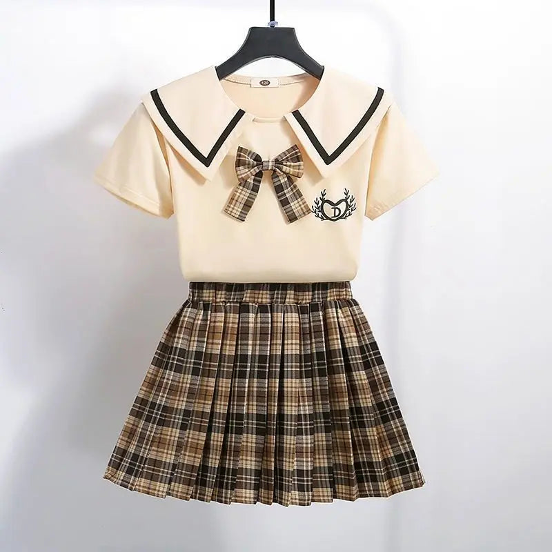 Girls School Outfit Set Lapel T-Shirt &amp; Plaid Skirt | Perfect for Ages 3-12