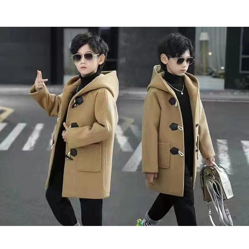 2023 New Boys Wool Coat Autumn Spring Fashion Hooded Jackets Solid Single-Breasted Outerwear Children Mid-Length Parka 5-14Y